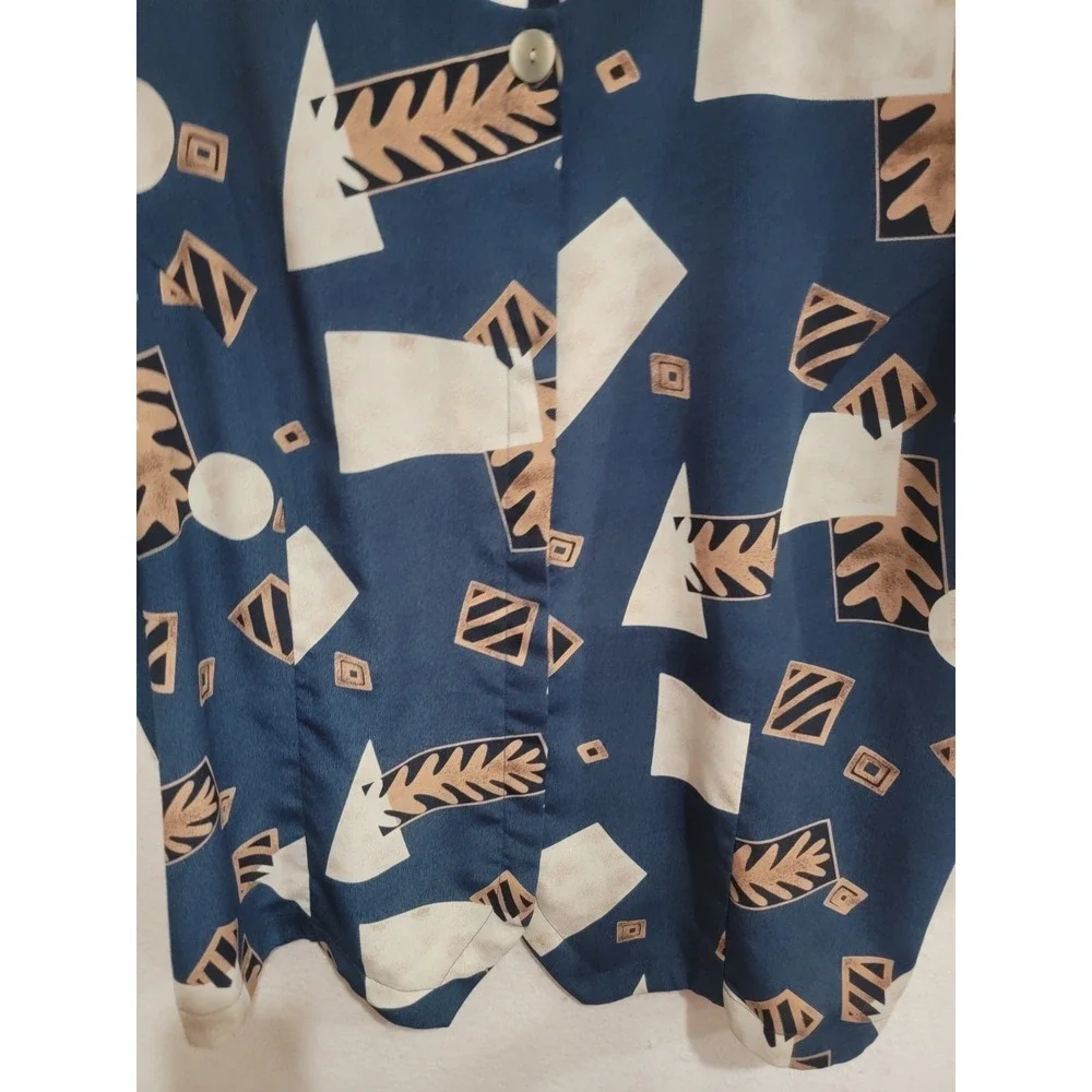 Vintage 90s‎ Cathy Che 2X Navy Abstract Geometric Scalloped Blouse Shoulder Pads